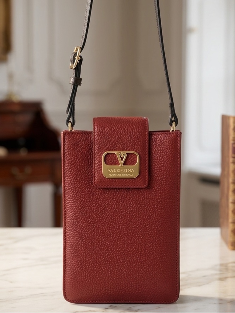 Valentina Made in Italy Burgundy Pebbled Leather Phone Crossbody Bag